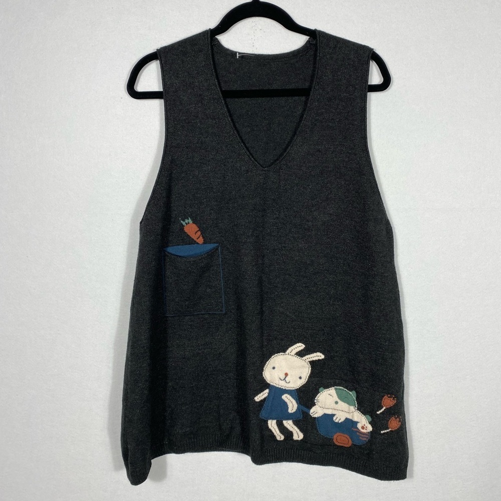 Cute Gray Tunic Sweater Vest with Bunny Design one size